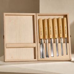 Pack de 5 Formones Rectos y 1 Gubia Semicurva Pfeil con Estuche de Madera