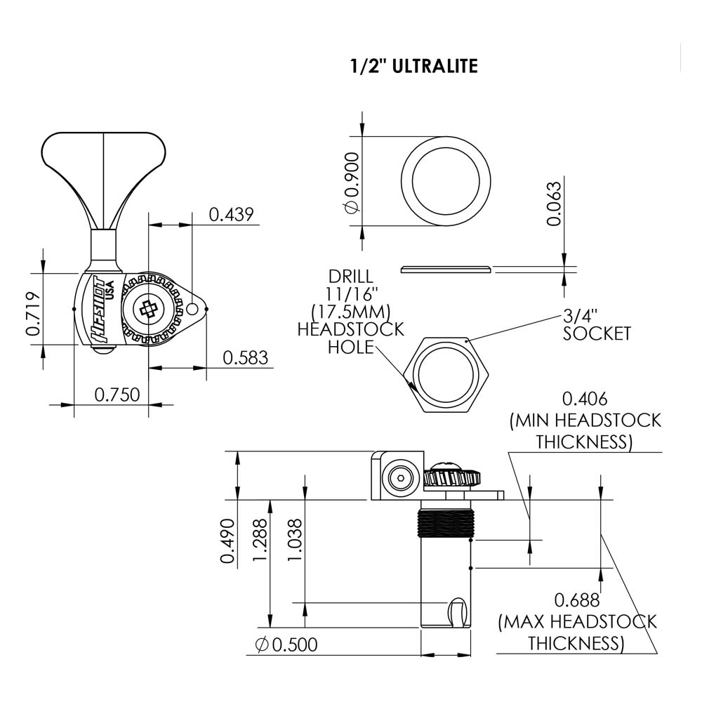 Clavija ( L / Bass) Black para Bajo / Mod: 20665B / Boton HE6Y / Orificio 1/2 (Hipshot®)2