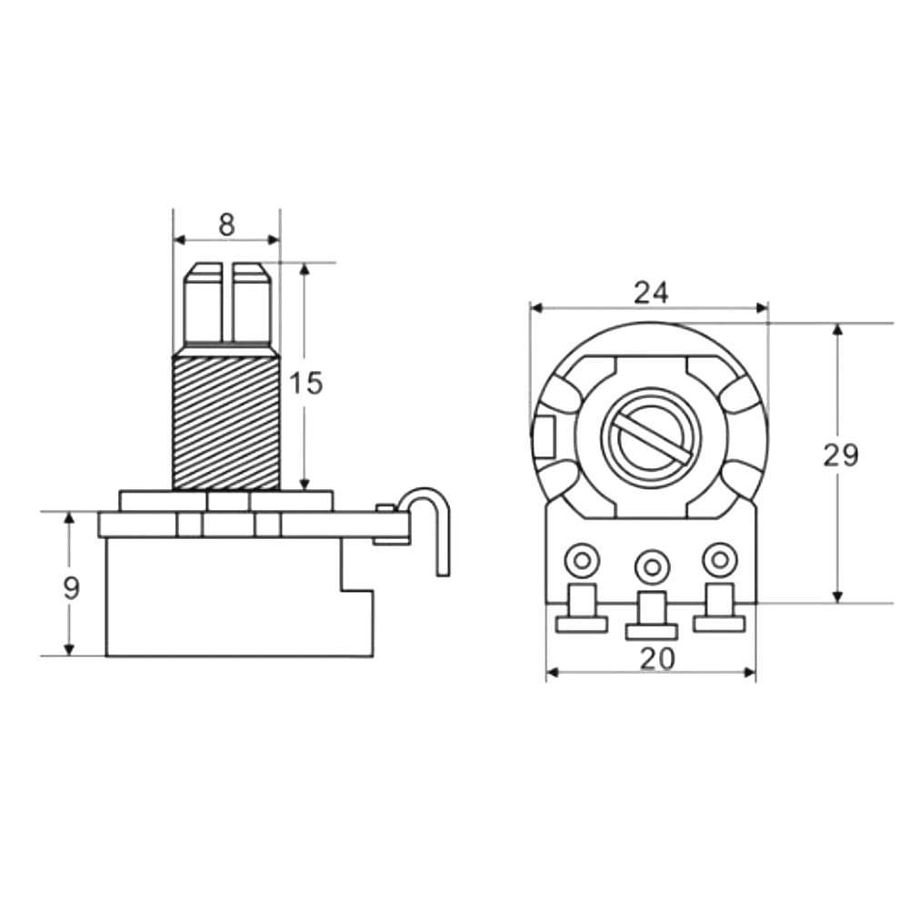 Potenciometro Grande. Mod: CP. 500K B. Vastago Corto2