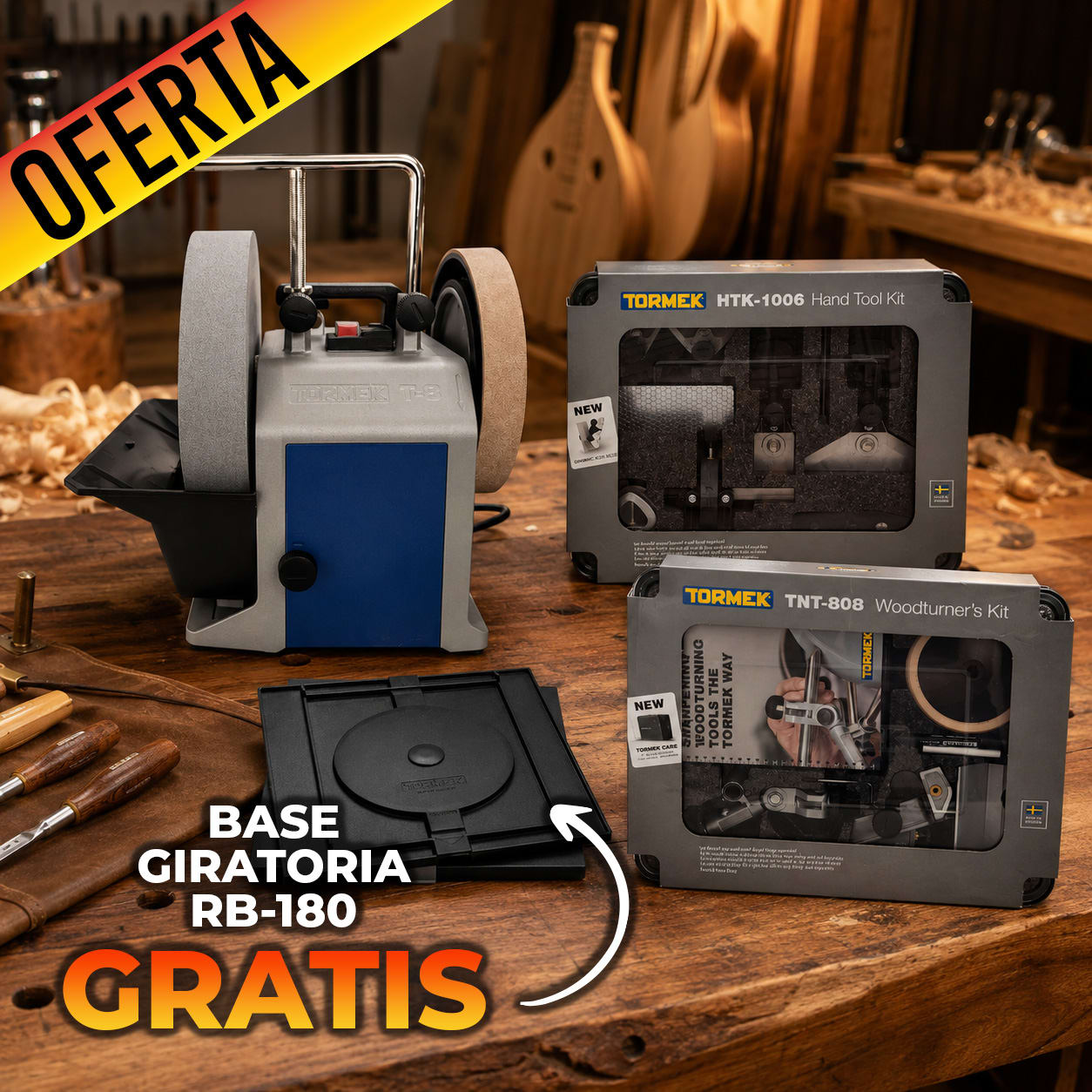 Pack Afiladora Tormek Mod: TORMT8 + Kits de Guias de Afilado HTK-1006  TNT-808 + Base Giratoria RB-180 GRATIS