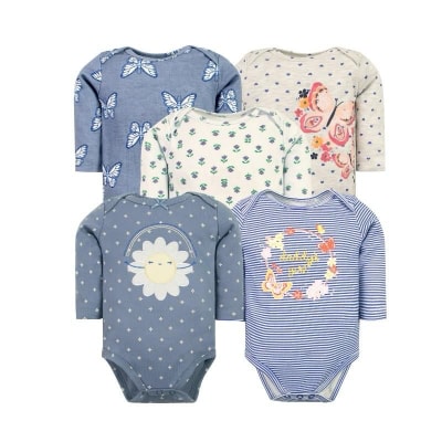 Set de 5 Bodys Manga Larga Azul Flores
