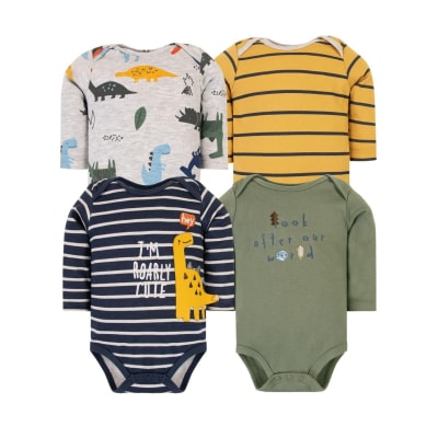 Set de 4 bodys manga larga Azul Dinosaurio Amarillo