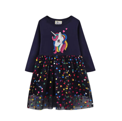 Vestido Manga Larga Unicornio Corazones Tul