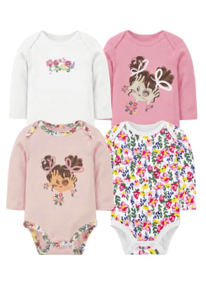 Set de 4 bodys manga larga Blanco Flores