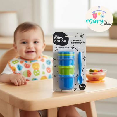 Pack de 3 Pocillos con Cuchara Azul – The Baby Nation