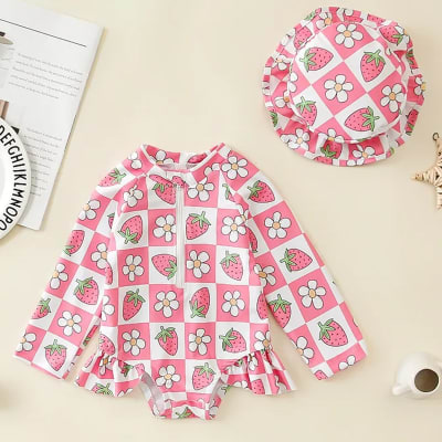 Traje de Baño Entero Con Gorro Frutilla Flores1