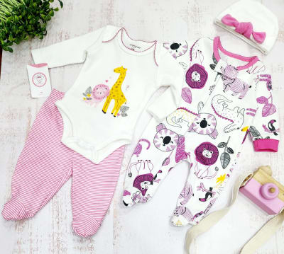 Ajuar 4 piezas de algodón animalitos niña1