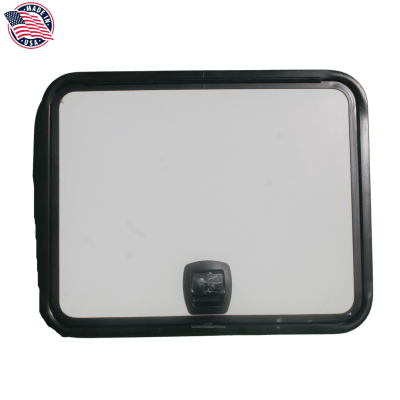 PUERTA DE BODEGA, 30X24 PULGADAS, BLANCA, BORDE NEGRO, CHAPA NEGRA SIN CILINDRO