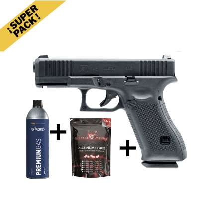 Pack Glock 45 Gen5 GBB + Green Gas Walther Premium 750 ML+ 1 Bolsa de Balines King Arms