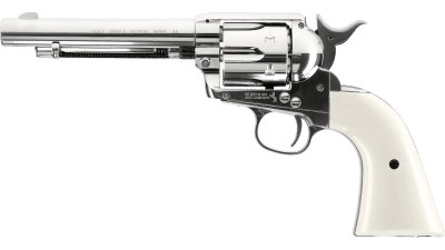 Revólver CO2 Umarex Colt SAA .45 5.5” Cal. 4.5 mm Postón – 6 Disparos – Níquel/Blanco (#5.8322)