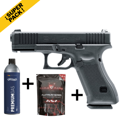 Pack Glock 45 Gen5 GBB + Green Gas Walther Premium 750 ML+ 1 Bolsa de Balines King Arms