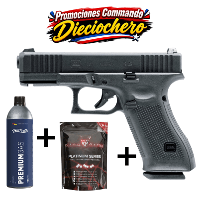 Pack Glock 45 Gen5 GBB + Green Gas Walther Premium 750 ML+ 1 Bolsa de Balines King Arms
