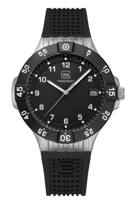 Reloj Glock caja de acero plateado y negro, correa de silicona RTF negra #GW-15-6-22