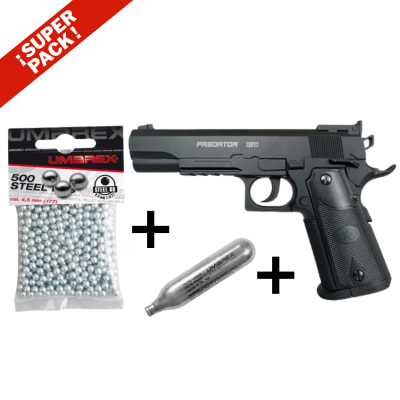 Pack Pistola Predator 1911 BLK 4,5mm, Bolsa de 500 Balines, 5 Cápsulas de Co2