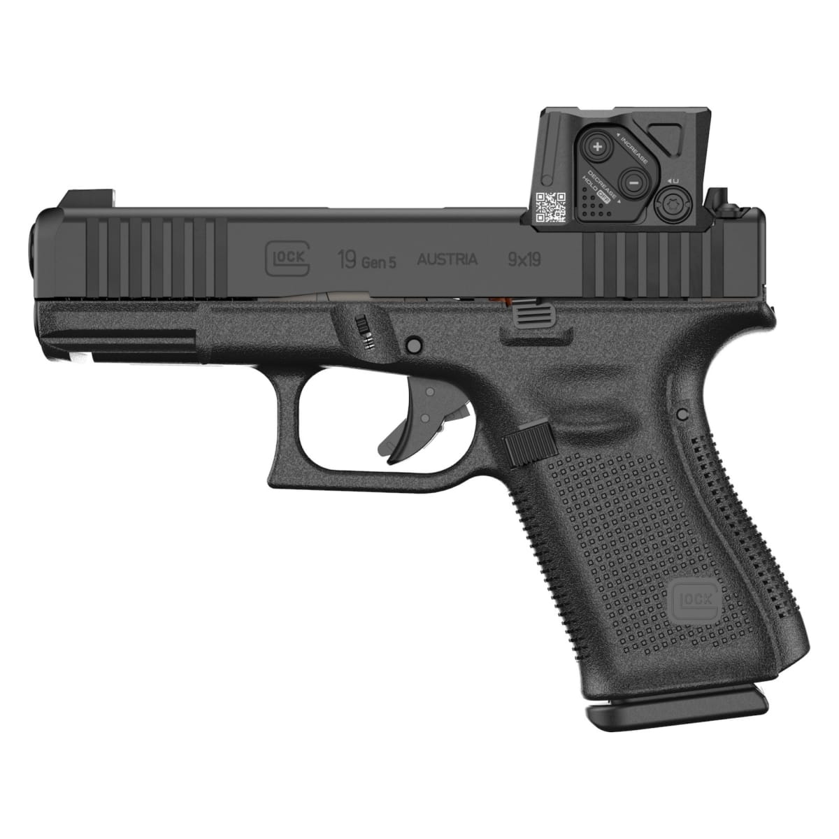 Pistola cal 9 mm Glock mod 19 A-Cut, gen5, con mira electrónica AimPoint COA3