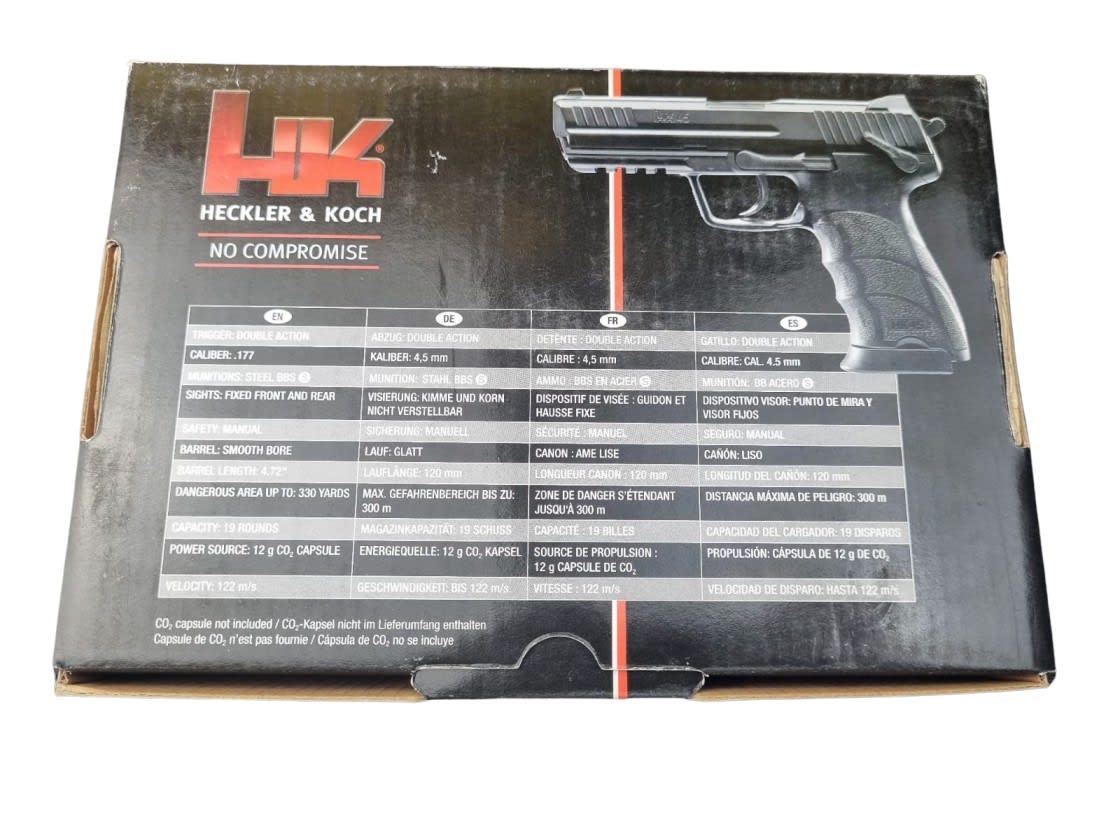 Pistola cal. 4.5 mm mod HK45 Co2 - Producto con detalle estético y embalaje8