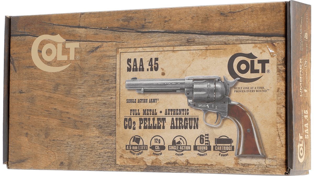 Revólver CO2 Umarex Colt SAA .45 Cal. 4.5 mm Postón – 6 Disparos 5.5” (#5.8320)5