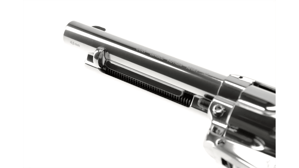 Revólver CO2 Umarex Colt SAA .45 5.5” Cal. 4.5 mm Postón – 6 Disparos – Níquel/Blanco (#5.8322)4