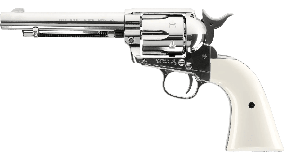 Revólver CO2 Umarex Colt SAA .45 5.5” Cal. 4.5 mm Postón – 6 Disparos – Níquel/Blanco #5.83221