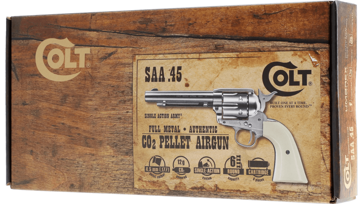 Revólver CO2 Umarex Colt SAA .45 5.5” Cal. 4.5 mm Postón – 6 Disparos – Níquel/Blanco #5.83225