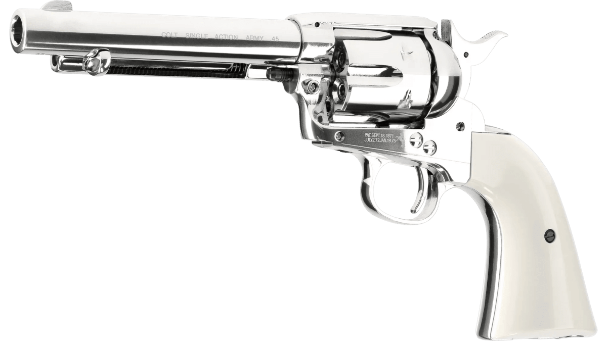 Revólver CO2 Umarex Colt SAA .45 5.5” Cal. 4.5 mm Postón – 6 Disparos – Níquel/Blanco #5.83223