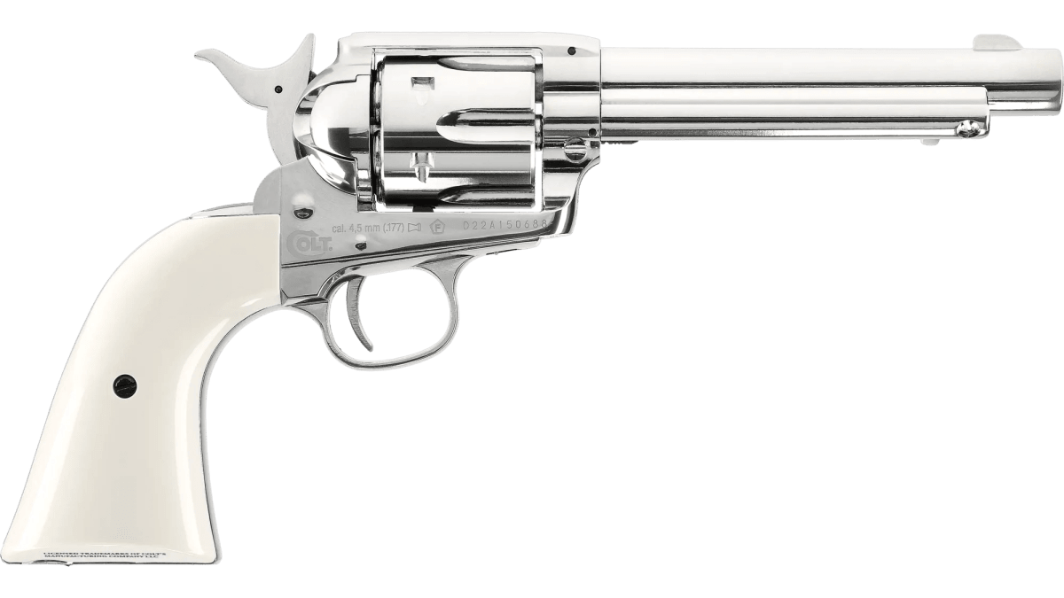 Revólver CO2 Umarex Colt SAA .45 5.5” Cal. 4.5 mm Postón – 6 Disparos – Níquel/Blanco #5.83222