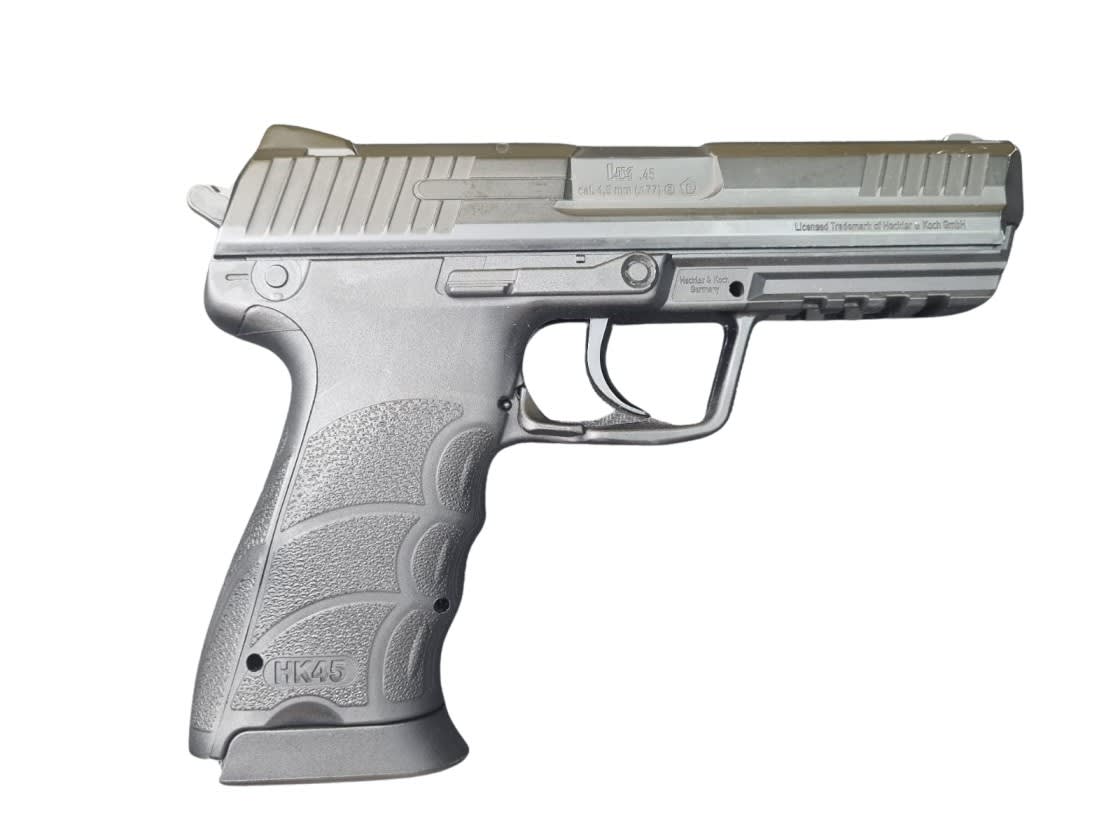 Pistola cal. 4.5 mm mod HK45 Co2 - Producto con detalle estético y embalaje2