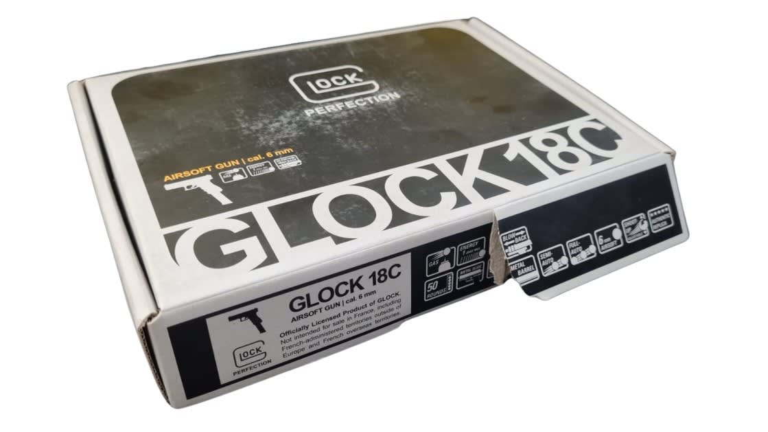 Réplica Glock 18C cal. 6mm - Producto con detalle estético y embalaje6