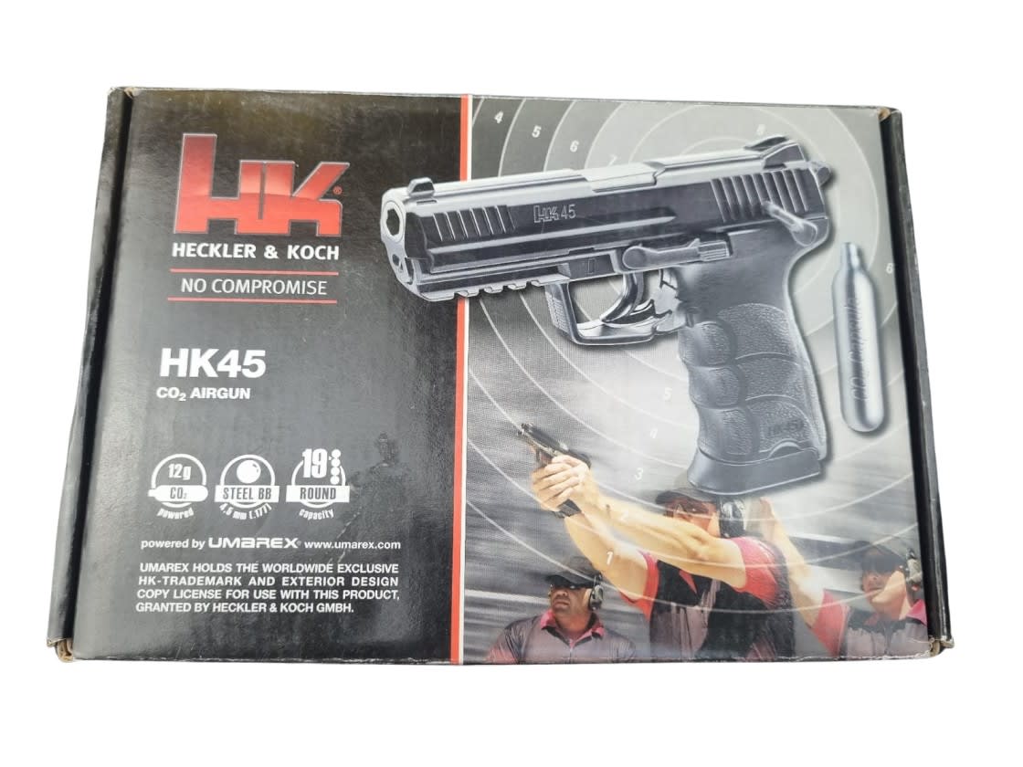 Pistola cal. 4.5 mm mod HK45 Co2 - Producto con detalle estético y embalaje9