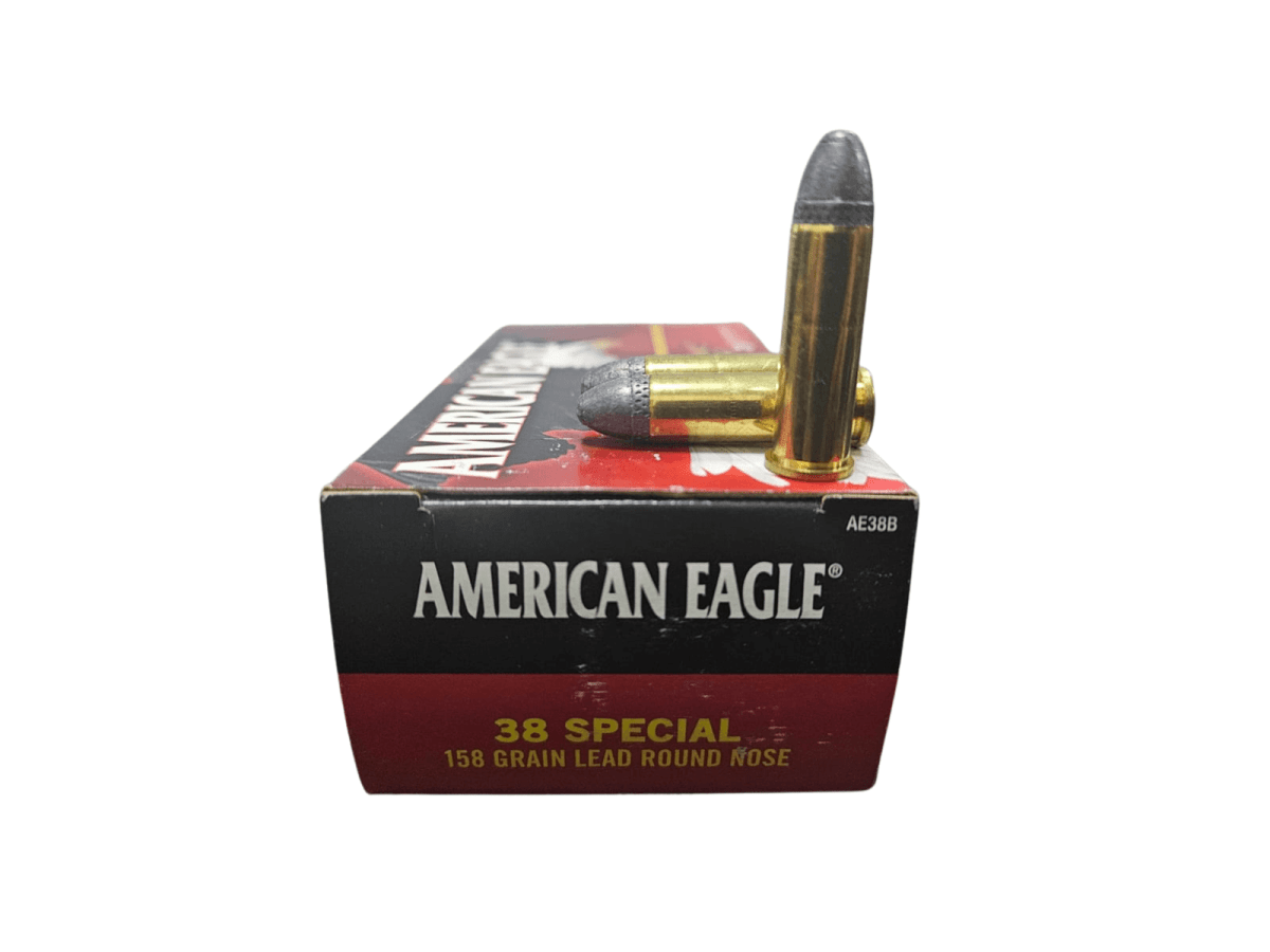 BALA Cal 38 sp. Marca American Eagle, 158 gr, Punta de plomo, Caja 50 unidades2