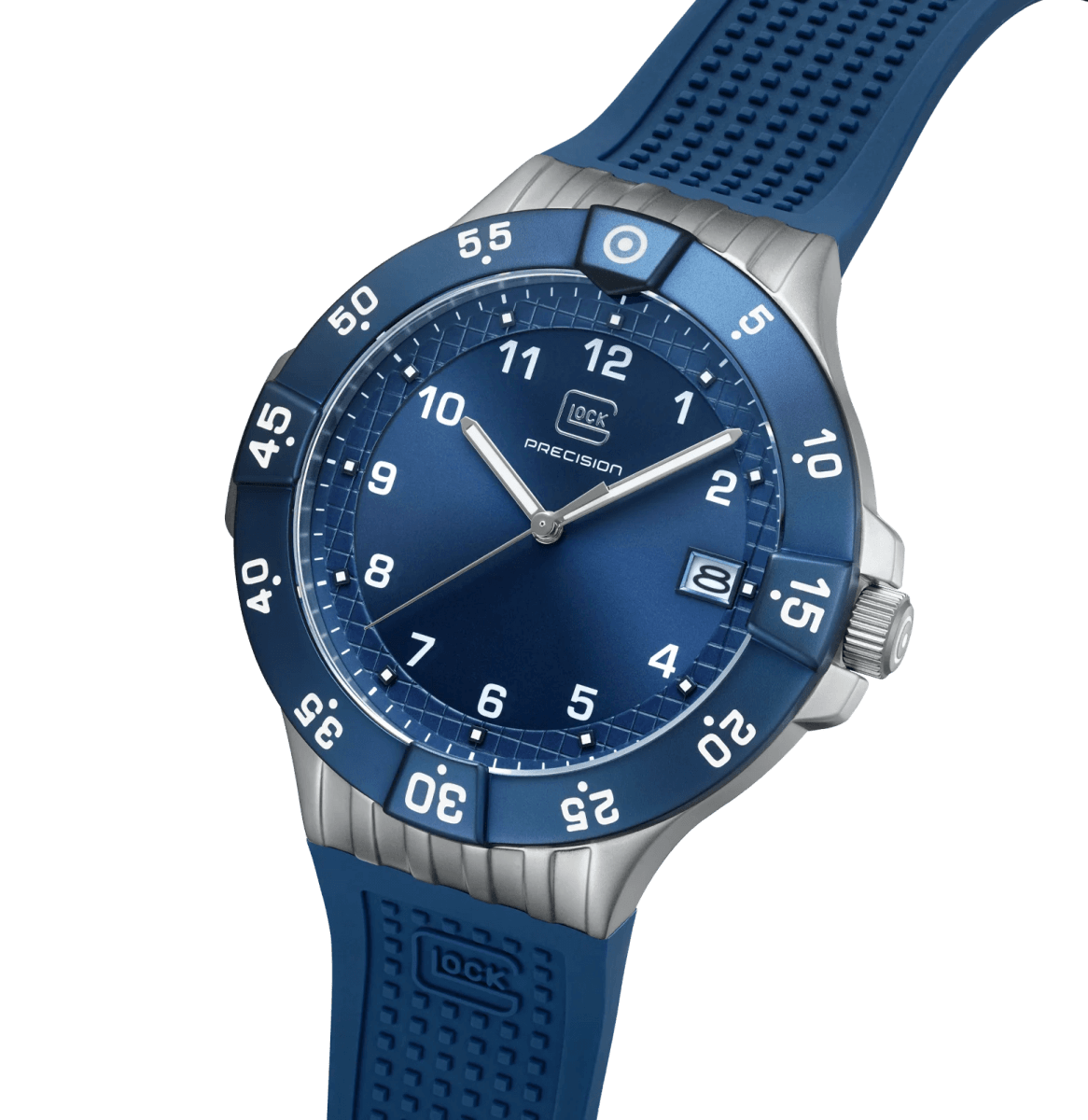 Reloj Glock caja de acero plateado y azul, correa de silicona RTF azul #GW-15-5-222