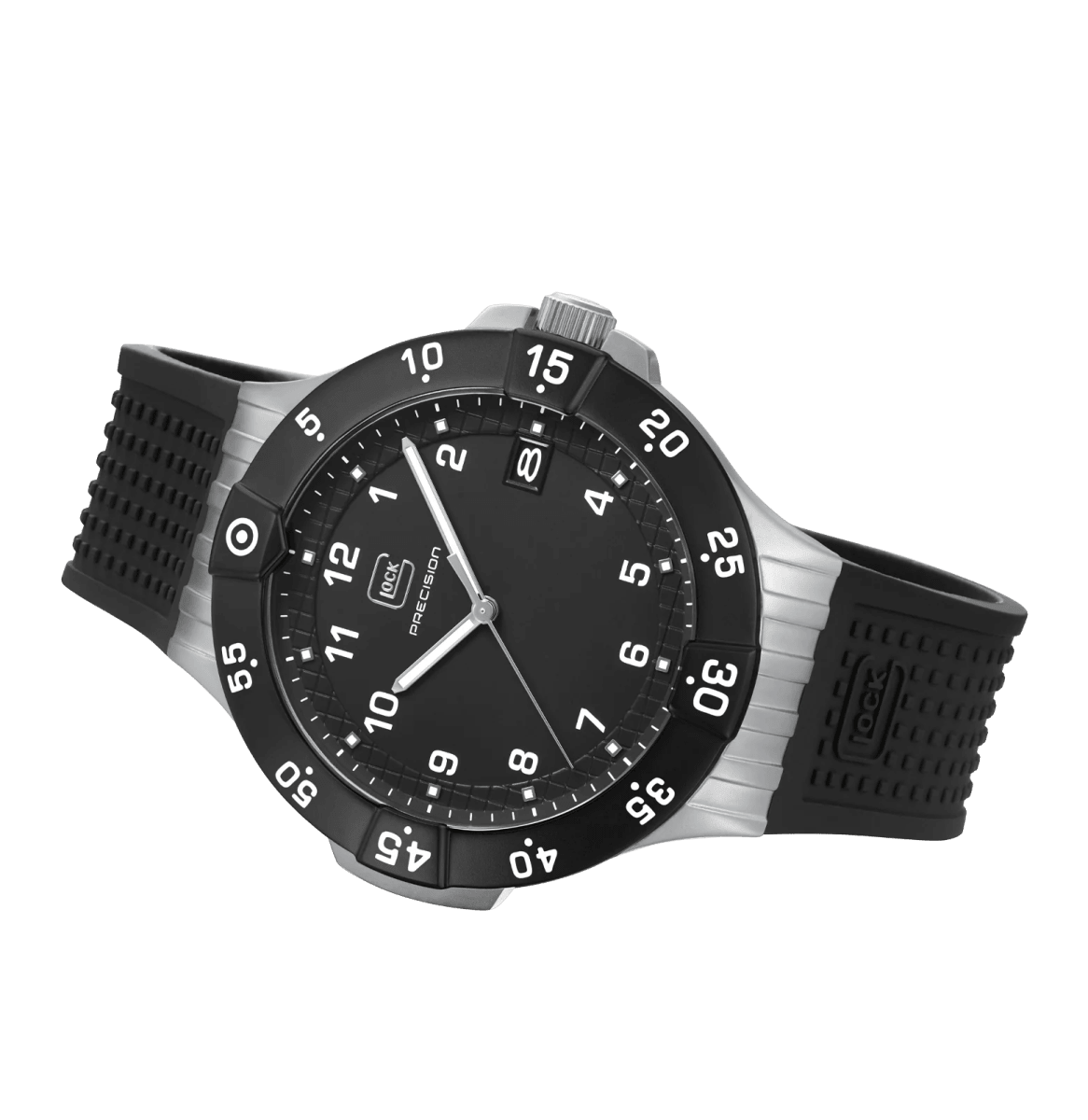 Reloj Glock caja de acero plateado y negro, correa de silicona RTF negra #GW-15-6-223