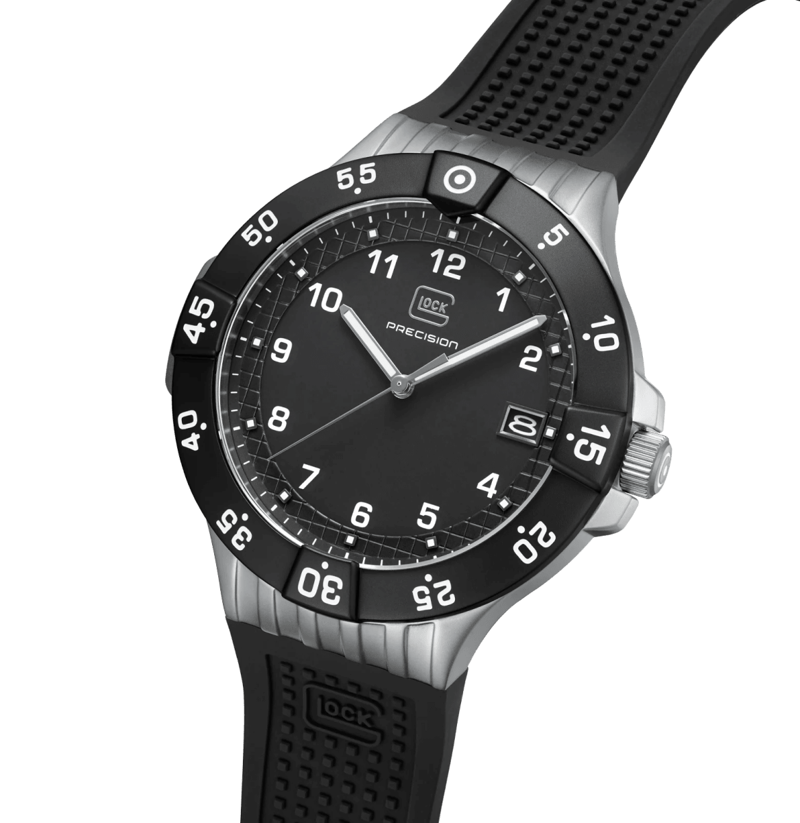 Reloj Glock caja de acero plateado y negro, correa de silicona RTF negra #GW-15-6-222