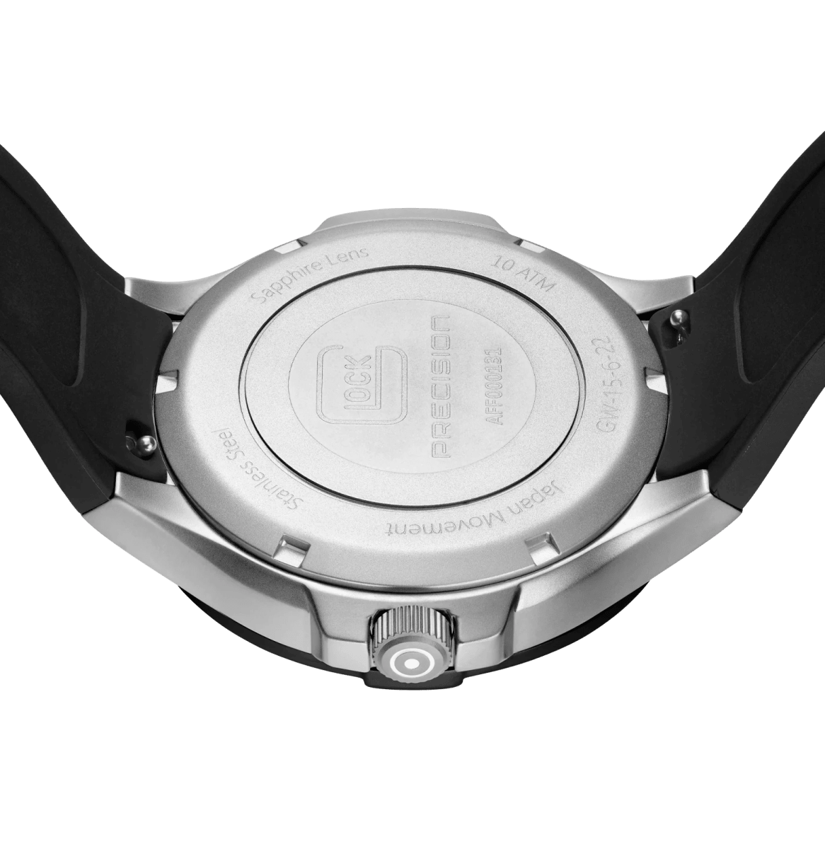 Reloj Glock caja de acero plateado y negro, correa de silicona RTF negra #GW-15-6-225