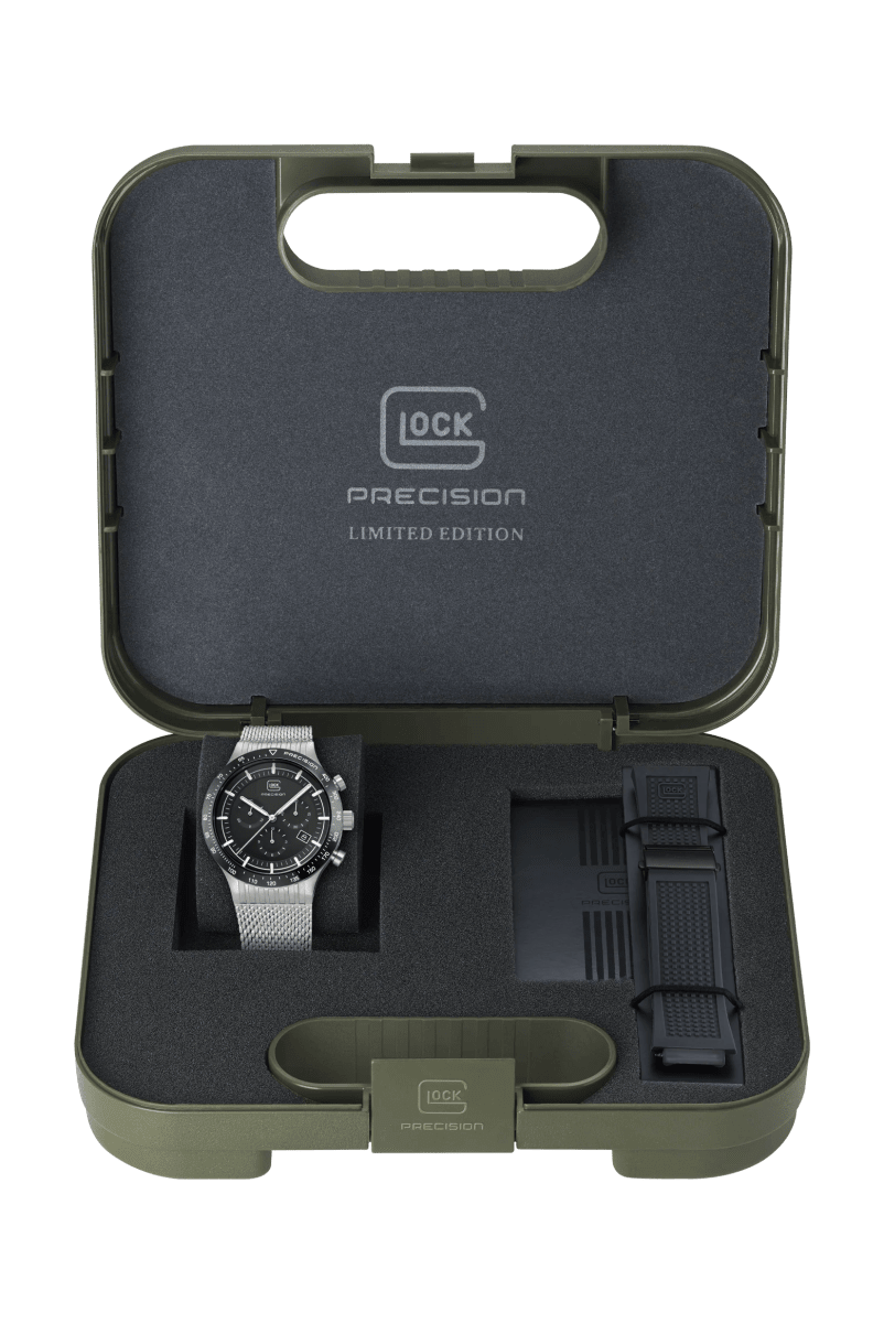 Reloj Glock Edición limitada, caja de acero plateada, correa de silicona negra - correa plateada #GW-34-4-247