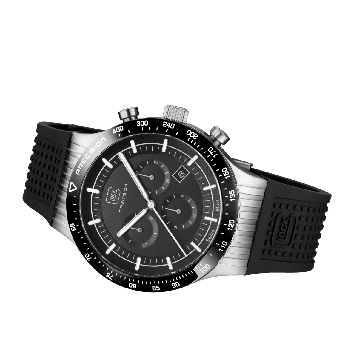 Reloj Glock Edición limitada, caja de acero plateada, correa de silicona negra - correa plateada #GW-34-4-244