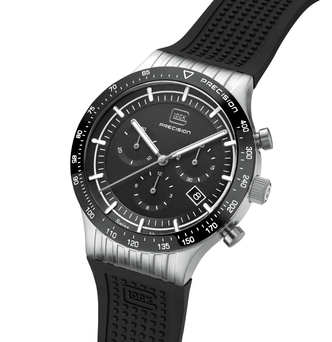 Reloj Glock Edición limitada, caja de acero plateada, correa de silicona negra - correa plateada #GW-34-4-243