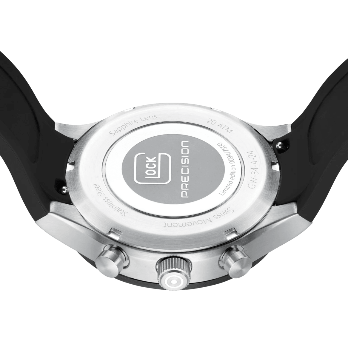 Reloj Glock Edición limitada, caja de acero plateada, correa de silicona negra - correa plateada #GW-34-4-246