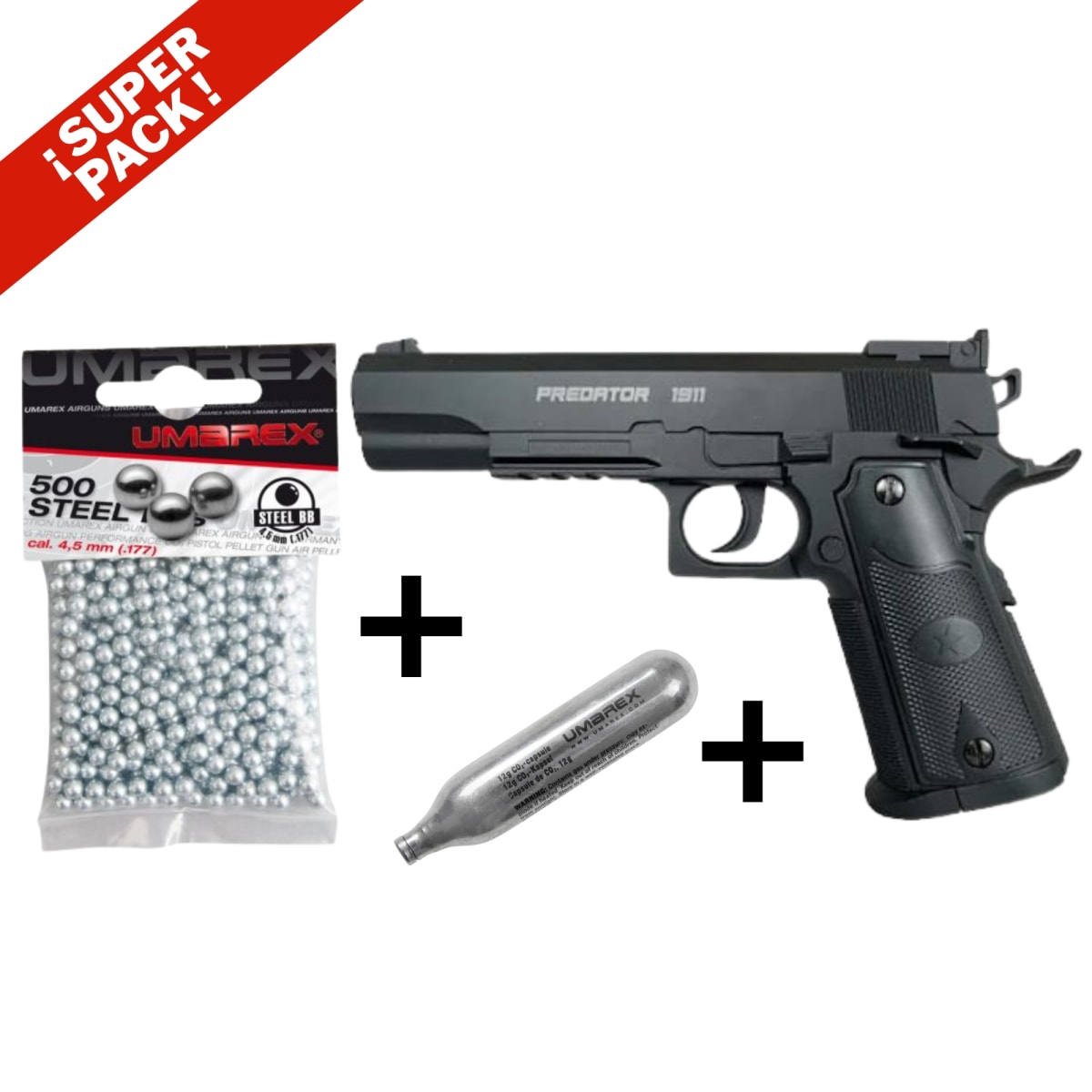 Pack Pistola Predator 1911 BLK 4,5mm, Bolsa de 500 Balines, 5 Cápsulas de Co21