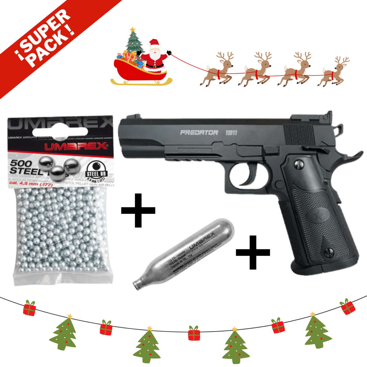 Pack Pistola Predator 1911 BLK 4,5mm, Bolsa de 500 Balines, 5 Cápsulas de Co21