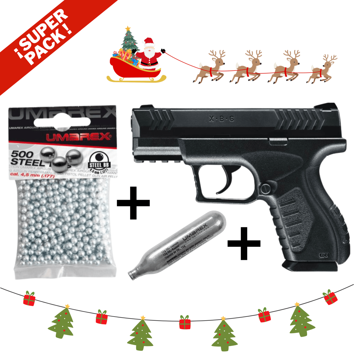 PACK Pistola Umarex XBG, Bolsa de 500 balines, 5 Cápsulas de Co21