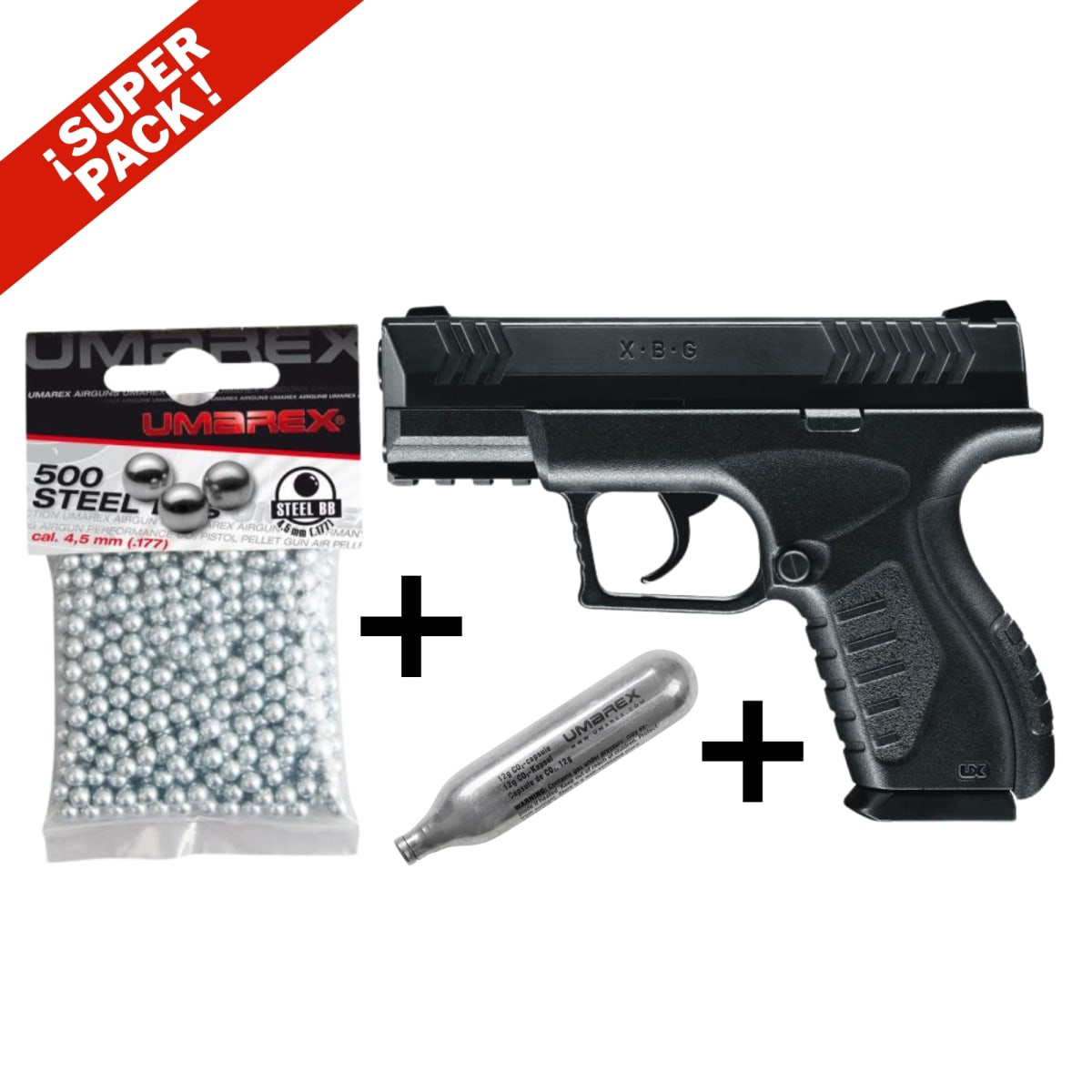 PACK Pistola Umarex XBG, Bolsa de 500 balines, 5 Cápsulas de Co21