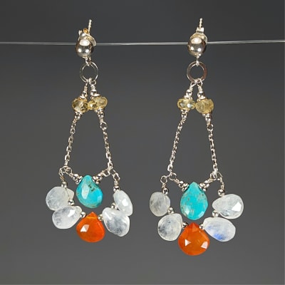 Aros Bote De Turquesa, Piedra Luna Blanca Con Destello Azul Y Cornalina1