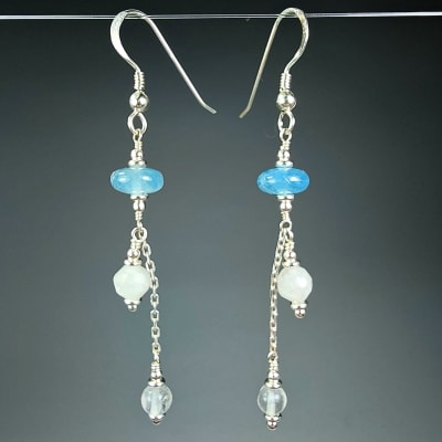 Aros De Aguamarina Celeste, Piedra Luna Blanca Con Destello Azul Y Cuarzo Cristal