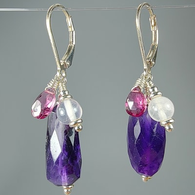 Aros De Cuarzo Amatista Ultravioleta, Cuarzo Rosa Claro Y Granate Rodolita