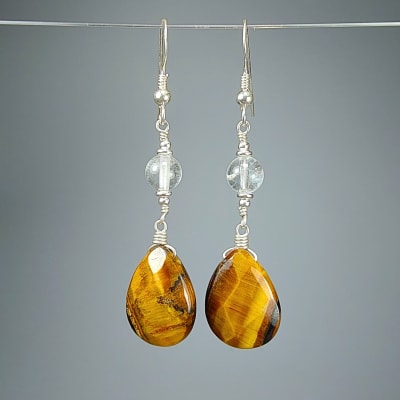 Aros De Ojo De Tigre Y Cuarzo Cristal