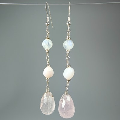 Aros De Ópalo Rosado, Piedra Luna Blanca Con Destello Azul Y Cuarzo Rosa1