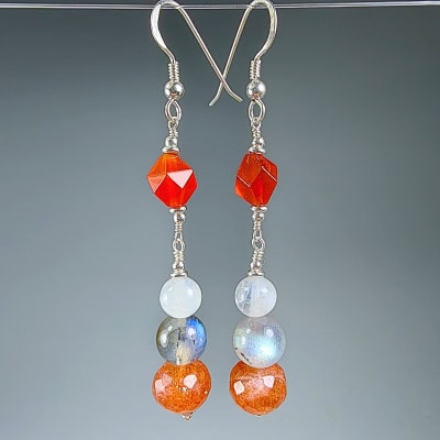 Aros De Piedra Sol, Labradorita Gris Y Piedra Luna Blanca Con Destello Azul