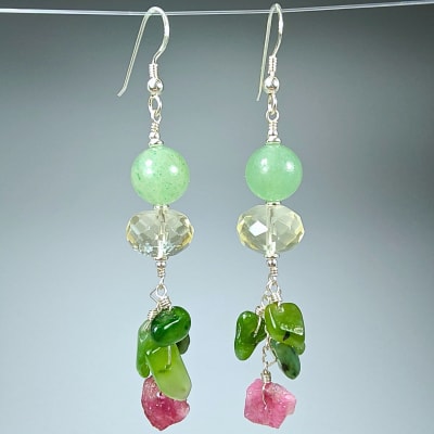 Aros Racimos De Nefrita, Cuarzo Limón Y Turmalina Rosa