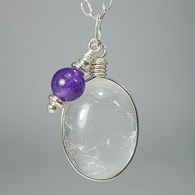 Colgante De Cuarzo Cristal Y Cuarzo Amatista Lila en Cabuchón Oval de 16 mm1